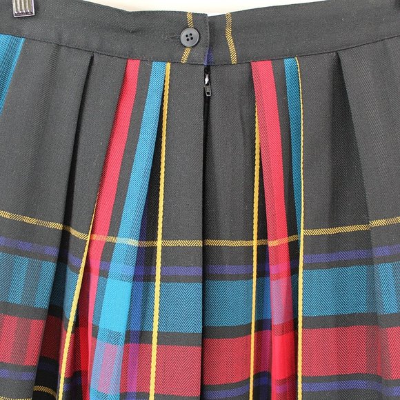 Vintage Plaid Midi Skirt A-line Full Pleated Black Blue Red Yellow Wool Blend - Picture 5 of 6